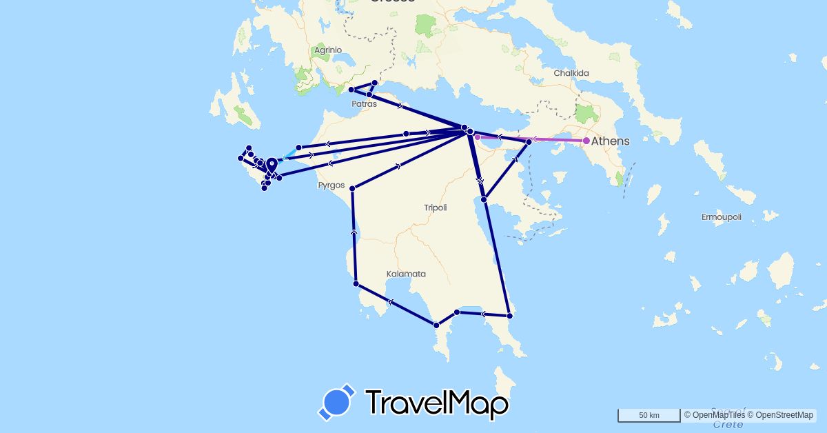 TravelMap itinerary: driving, train, boat in Greece (Europe)
